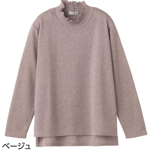 後ろ長め薄起毛シャーリング衿Tシャツ ベージュ M~L