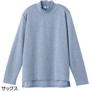 後ろ長め薄起毛シャーリング衿Tシャツ サックス M~L