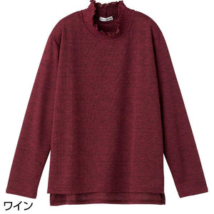 後ろ長め薄起毛シャーリング衿Tシャツ ワイン M~L
