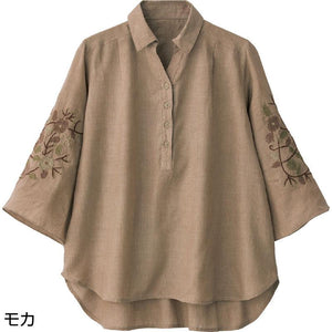 7分袖クラフト刺繍半開ブラウス モカ M