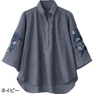 7分袖クラフト刺繍半開ブラウス ネイビー M