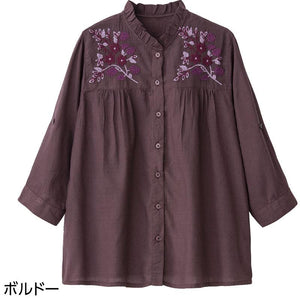 7分袖クラフト刺繍前開きブラウス ボルドー LL