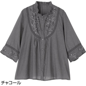 7分袖刺繍前開きブラウス チャコール LL
