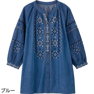 7分袖デニム刺繍前開きブラウス ブルー M