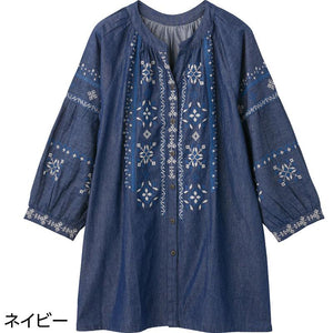 7分袖デニム刺繍前開きブラウス ネイビー LL