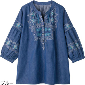 7分袖デニム刺繍半開ブラウス ブルー LL