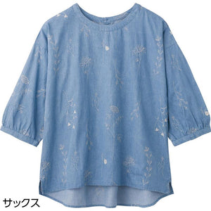 7分袖デニム刺繍Tブラウス サックス L