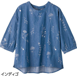 7分袖デニム刺繍Tブラウス インディゴ M