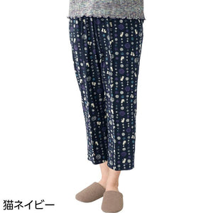 動物柄楊柳フリーパンツ 猫ネイビー L