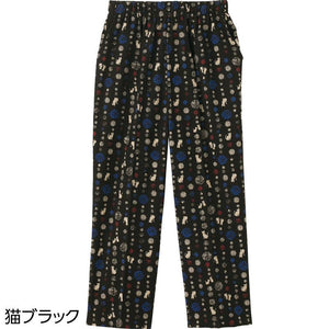 動物柄楊柳フリーパンツ 猫ブラック M