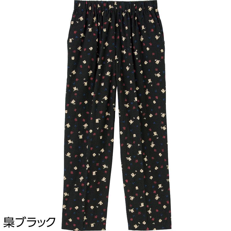 動物柄楊柳フリーパンツ 梟ブラック L