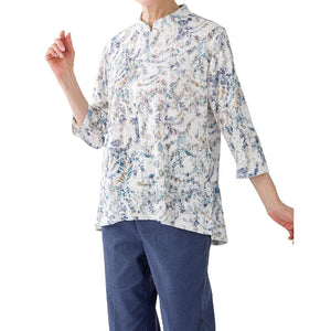 7分袖ロングファスナーAラインTシャツ ブルー S/M~L/LL/3L