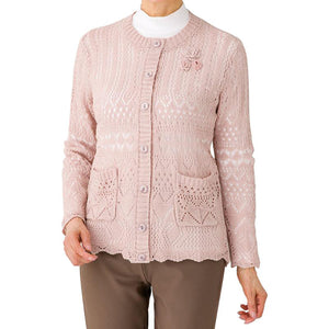 ニットワンタッチテープ丸首カーディ ローズ S/M~L/LL