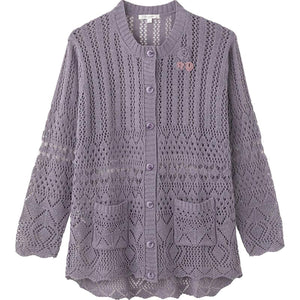 ニットワンタッチテープ丸首カーディ 青パープル S/M~L/LL