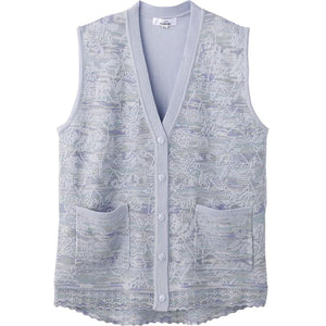 ニット斜め釦ホールV首ベスト 青パープル M~L/LL/3L