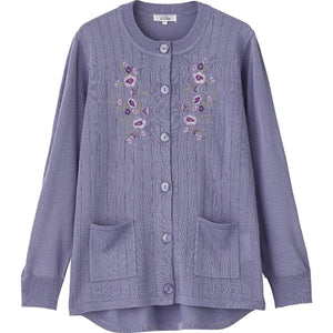 ニット斜め釦ホール丸首カーディ パープル S/M~L/LL