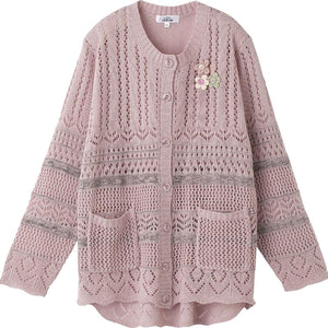 ニット斜め釦ホール丸首カーディ ローズ M~L/LL/3L