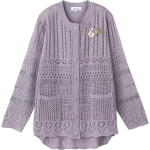 ニット斜め釦ホール丸首カーディ 青パープル M~L/LL/3L