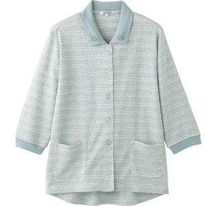 7分袖斜め釦ホールポロカーディ グリーン S/M~L/LL