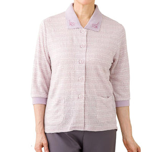 7分袖斜め釦ホールポロカーディ ローズパープル S/M~L/LL