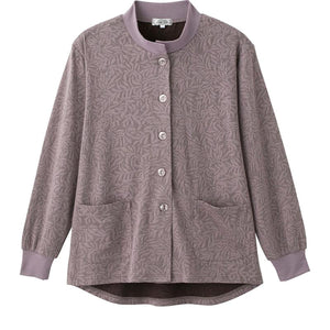 斜め釦ホール丸首カーディ グレーパープル M~L