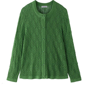 透かし柄丸首カーディガン グリーン M~L/LL