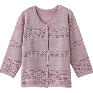 7分袖透かしボーダー柄カーディガン ラベンダー M~L