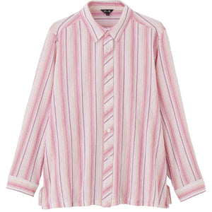 ストライプ柄楊柳シャツブラウス ピンク M/L