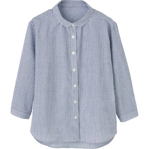 7分袖ストライプ柄シャツブラウス ネイビー M/L