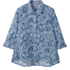 7分袖ワンタッチテープブラウス ブルーグレー M/L
