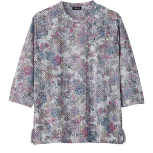 7分袖京染プリントTシャツ 花ブルー M~L