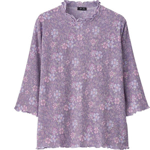 7分袖楊柳プリントTシャツ パープル M~L
