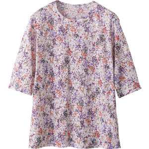 5分袖オパール花柄Tシャツ ワイン M/L/LL