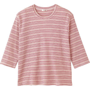 7分袖ピケボーダーTシャツ ピンク M~L