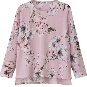 後ろ長め花柄プリントTシャツ ローズ M~L