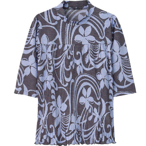 6分袖前身切替プリーツTシャツ ブルー花 M~L