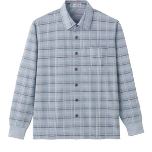 麻混斜め釦ホールニットシャツ サックス M/L