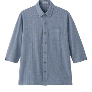麻混ワンタッチテープ7分袖ニットシャツ ネイビー M/L/LL