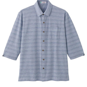 麻混スナップ釦7分袖ニットシャツ ブルー M/L/LL