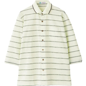麻混前開き7分袖ポロシャツ グリーン M/L/LL