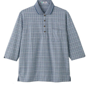 麻混スナップ釦7分袖ポロシャツ ネイビー M/L/LL