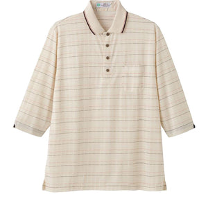 麻混スナップ釦7分袖ポロシャツ ベージュ M/L/LL