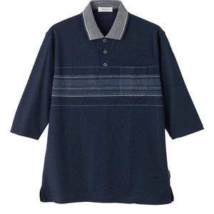 綿混カノコ7分袖ポロシャツ ネイビー M/L/LL