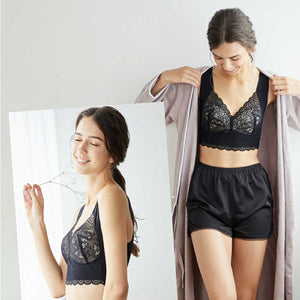 Bepit054 贅沢 シームレスブラ ブラック×ベージュ M/L/LL/3L/4L/5L/6L ナイトブラ シームレスブラ ノンワイヤーブラ ハンモック構造 バストケア 就寝用ブラ 寝るときブラ 育乳ブラ バスト補正 脇高ブラ 脇肉補正 谷間キープ レースナイトブラ コットン100% 肌に優しいブラ 冷え対策 レディースインナー