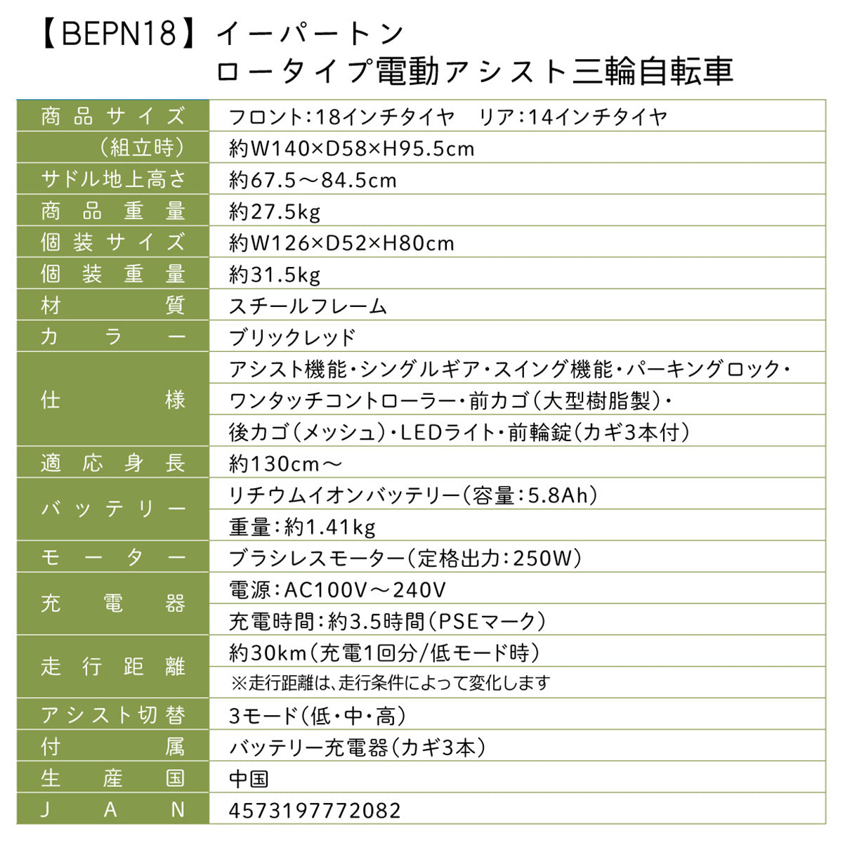 E-PARTON(イーパートン) ロータイプ電動アシスト三輪自転車 ホワイト 配送のみ/組立サービス付き(選択可能)