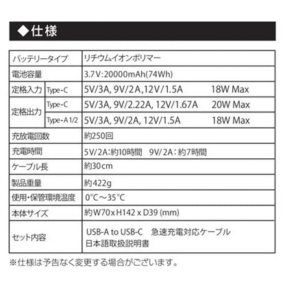 リン酸鉄 20000mAh モバイルバッテリー