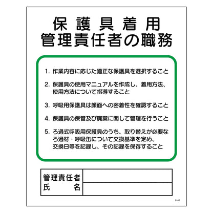 Ｐ板　保護具着用管理責任者の職務　Ｐ－４２