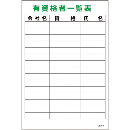 マンガ標識　ＧＥＢ－９　有資格者一覧表
