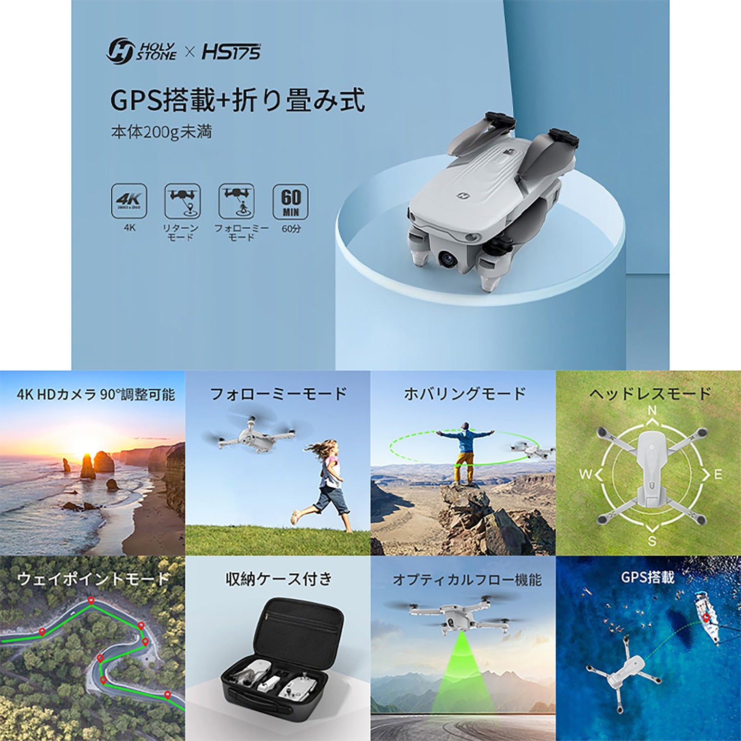 Ｈｏｌｙ　Ｓｔｏｎｅ　ドローン　空撮　ＧＰＳ搭載　４Ｋカメラ付き　２００ｇ未満　折り畳み式