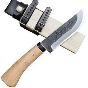 キャンプ剣鉈　１２０　白鋼　黒槌目　黒丸輪　樫柄　木鞘革バンド　晶之作